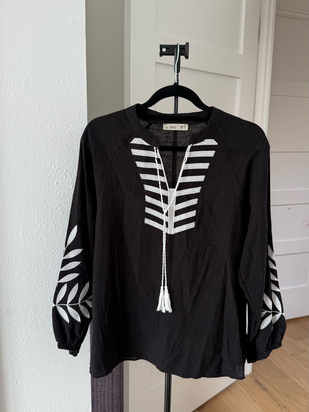 Black Embroidered Peasant Top with White Tassel Tie